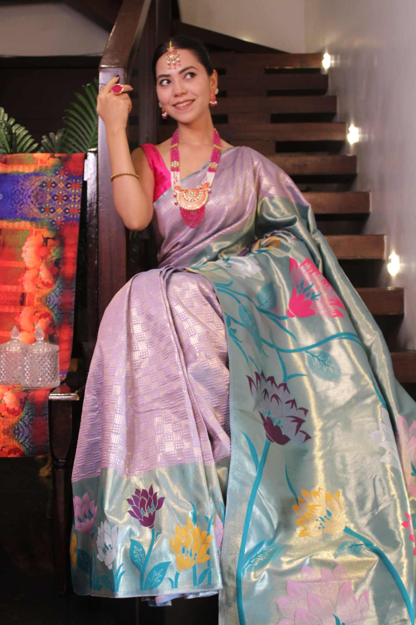Premium Kanchipuram Lavender & Green Silk Floral Motif Woven  With Ornate Pallu Wrap in  Minute Saree.