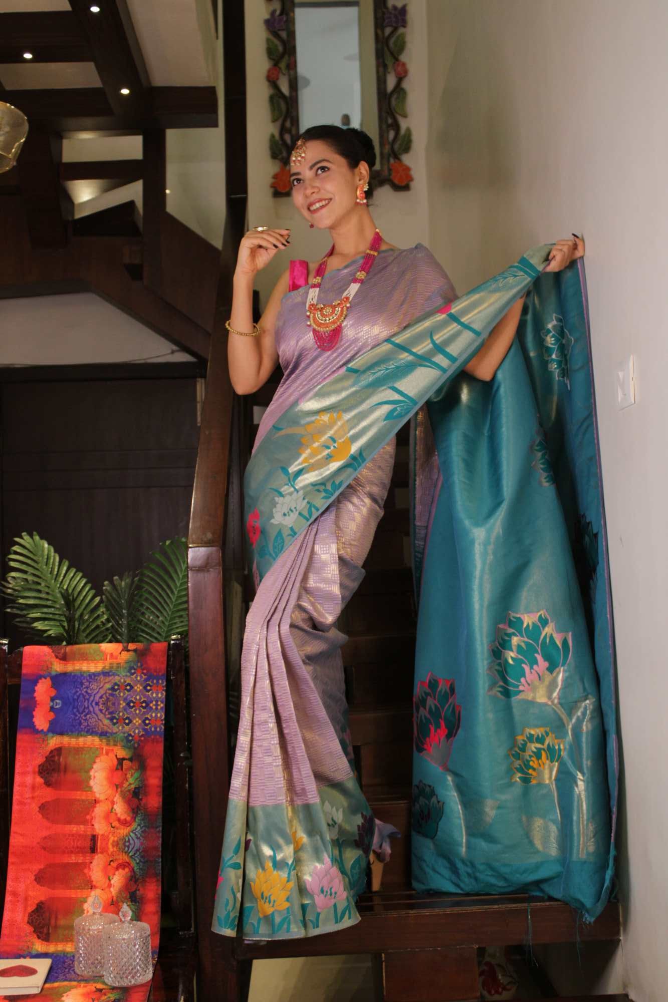 Premium Kanchipuram Lavender & Green Silk Floral Motif Woven  With Ornate Pallu Wrap in  Minute Saree.