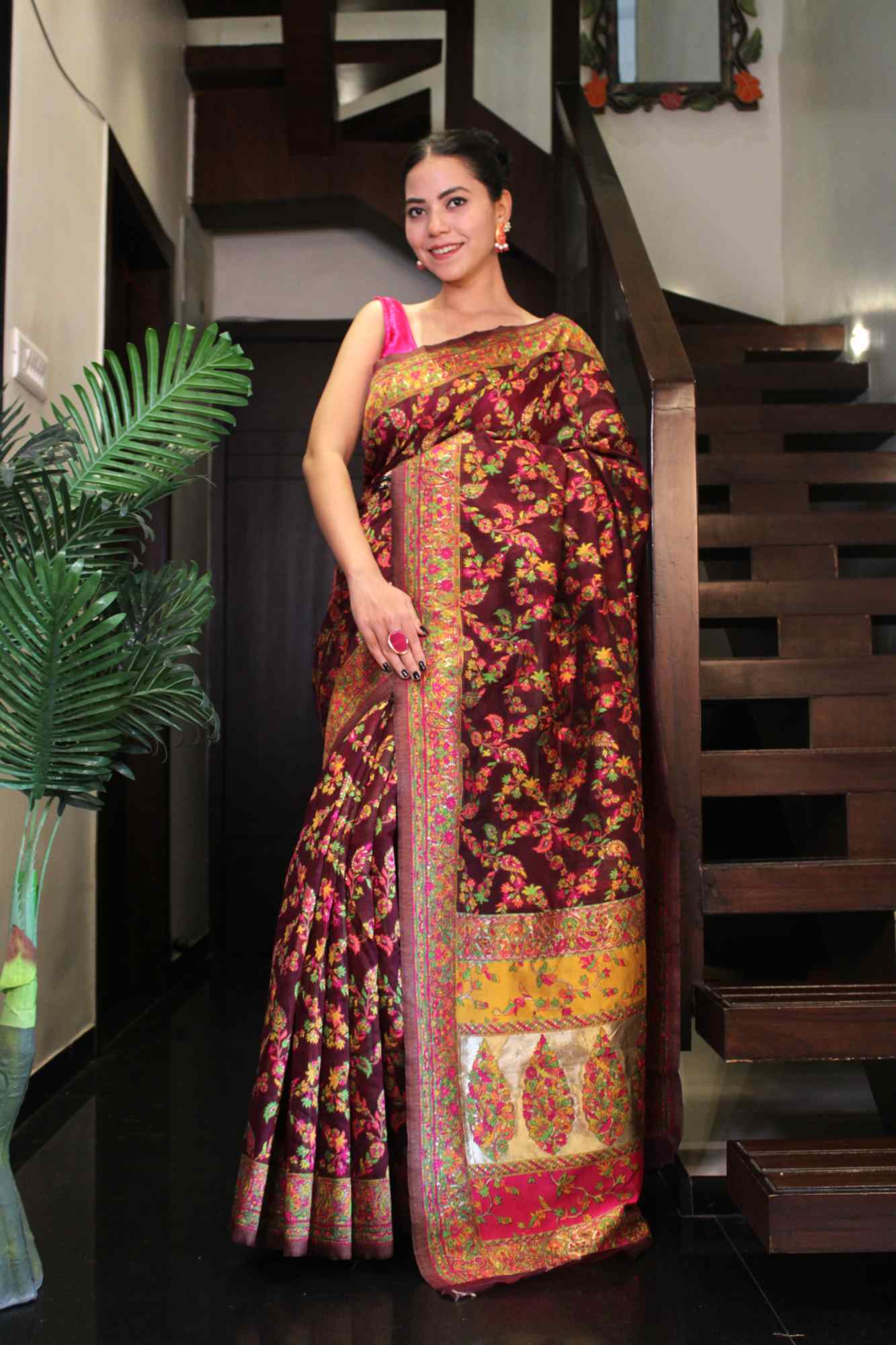 Maroon Woven Pashmina With Embroidered  Woven Ornate Pallu Prestitched Wrap in 1 minute saree