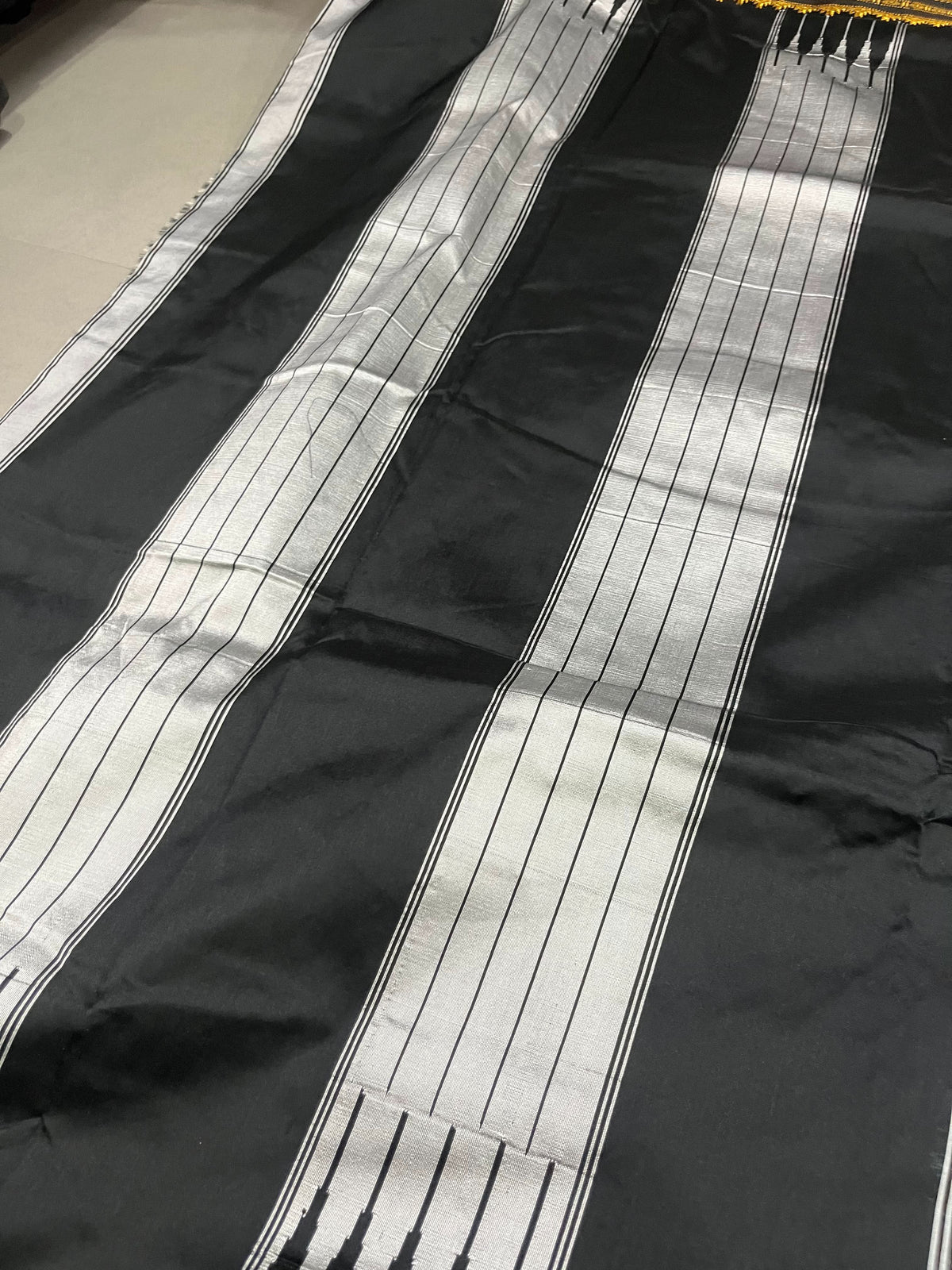 Black and white checks on mercerized cotton Bagalkote Iikal Saree with Zari Border | SHOBITAM
