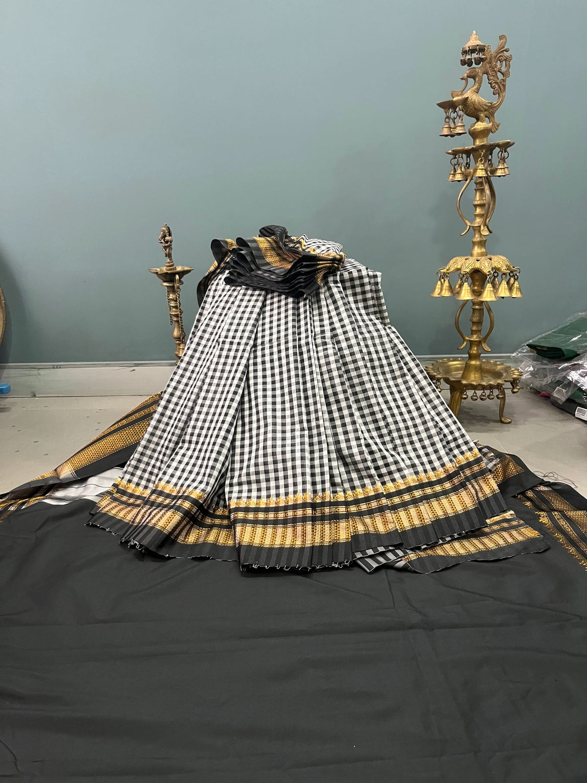 Black and white checks on mercerized cotton Bagalkote Iikal Saree with Zari Border | SHOBITAM