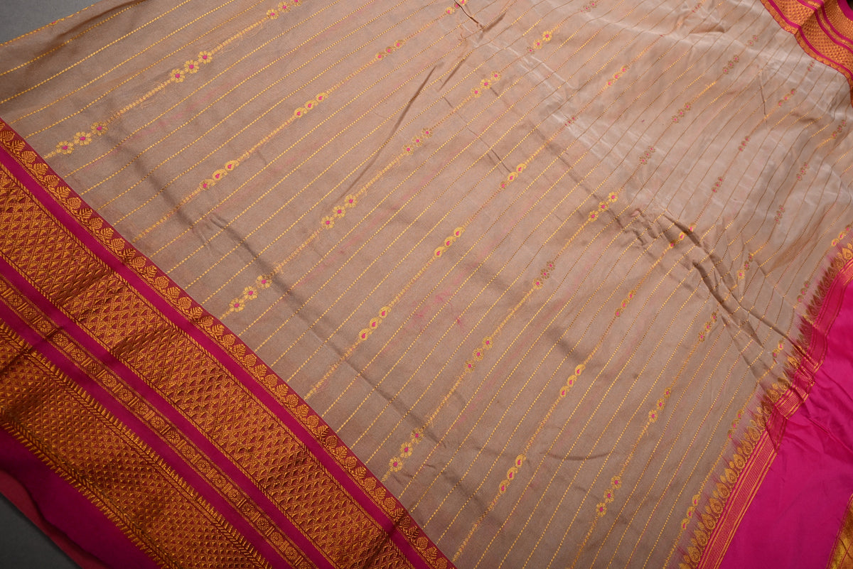 Beige Ilkal Silk Cotton Bagalkote Saree Vertical Stripes and Contrast Zari Border | SHOBITAM