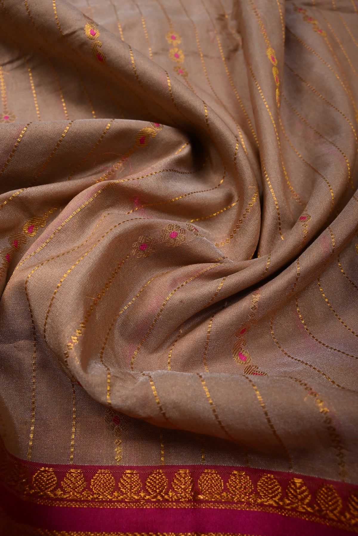 Beige Ilkal Silk Cotton Bagalkote Saree Vertical Stripes and Contrast Zari Border | SHOBITAM