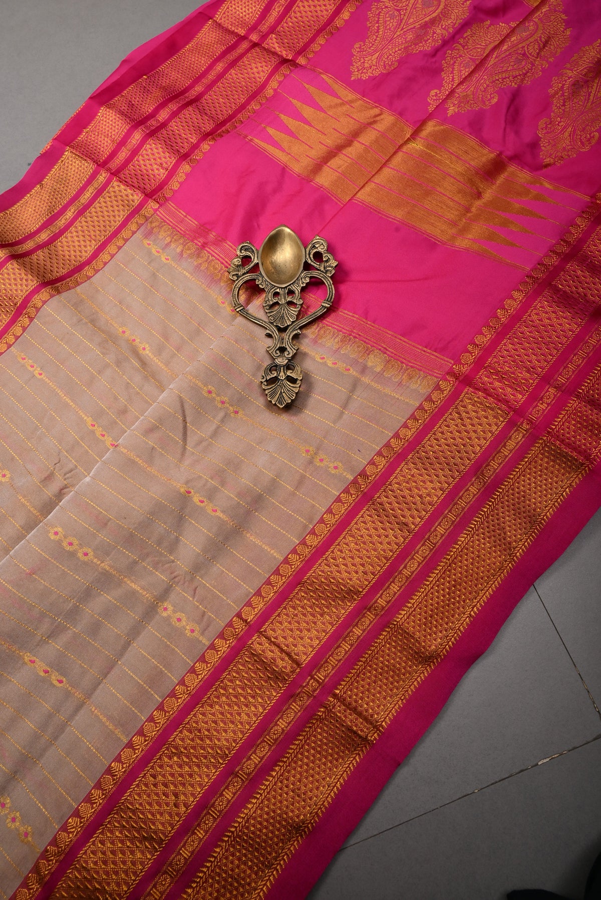 Beige Ilkal Silk Cotton Bagalkote Saree Vertical Stripes and Contrast Zari Border | SHOBITAM