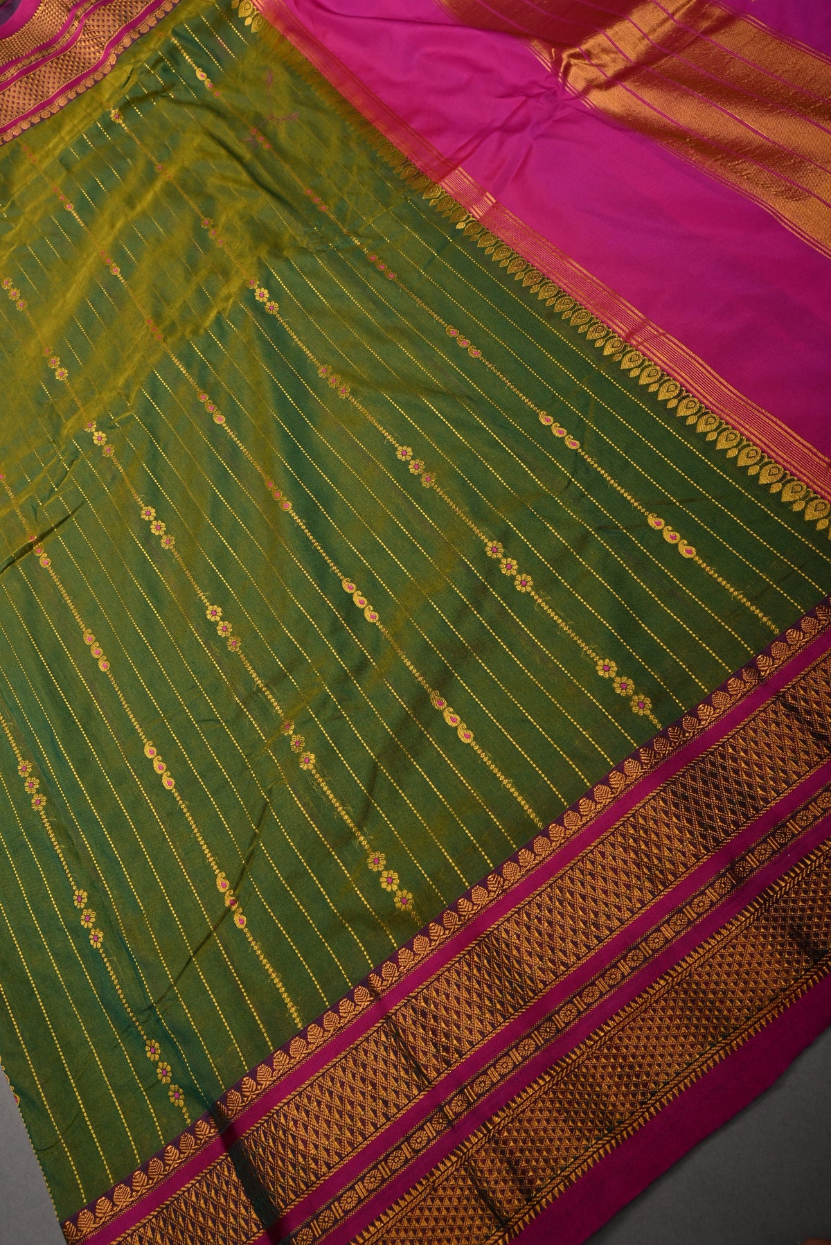 Mehendi Green Dual Tone Ilkal Semi Silk Bagalkote Saree Vertical Stripes and Contrast Zari Border | SHOBITAM