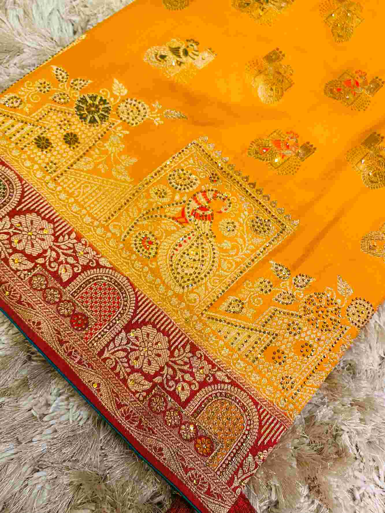 Golden Yellow Zari Woven Red Contrast Meenakari work Banarasi Pre Drape ready to wear saree