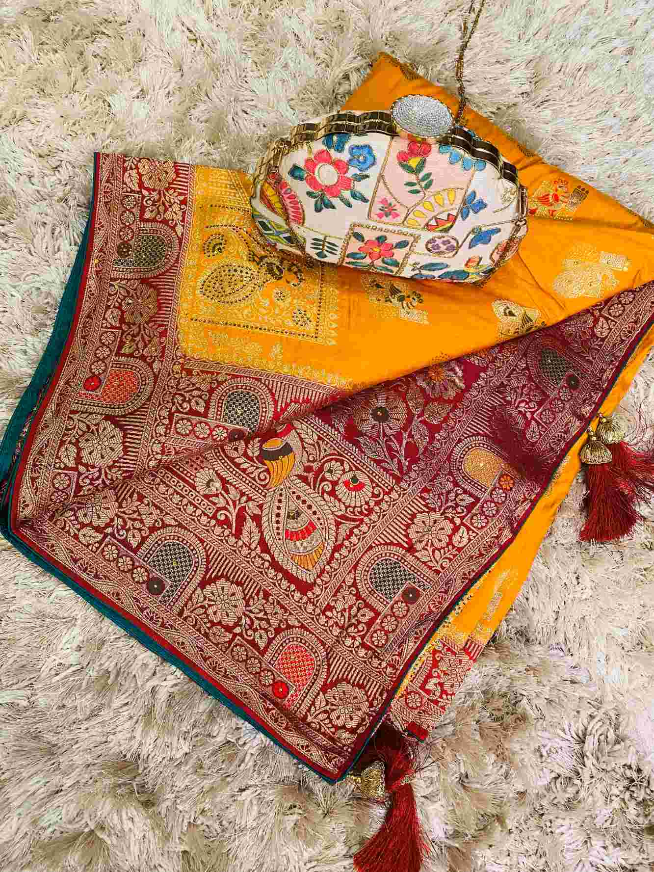 Golden Yellow Zari Woven Red Contrast Meenakari work Banarasi Pre Drape ready to wear saree