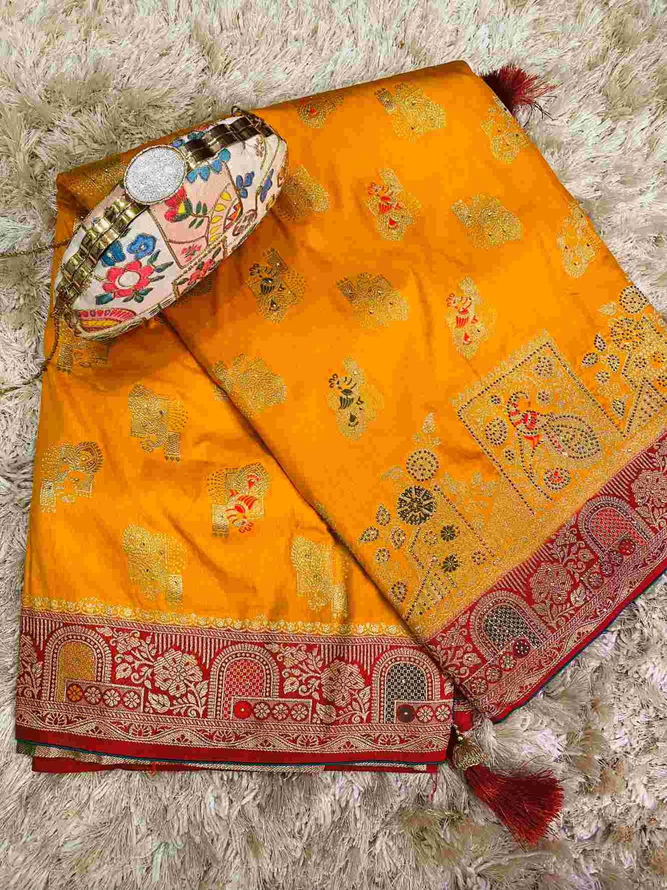 Golden Yellow Zari Woven Red Contrast Meenakari work Banarasi Pre Drape ready to wear saree