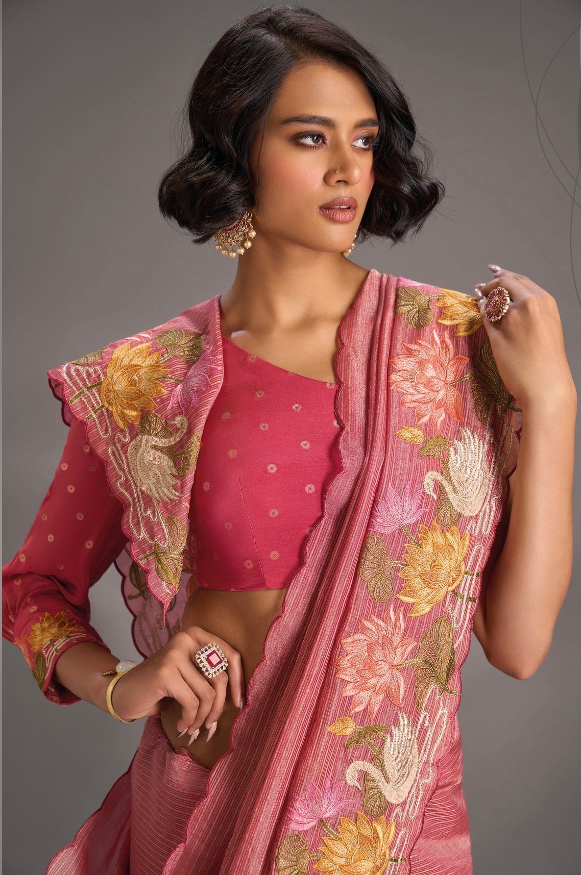 Rose Pink Vegan Viscose Tissue Stripes Saree with Lotus and Swan Embroidery Scallop Border | Shobitam
