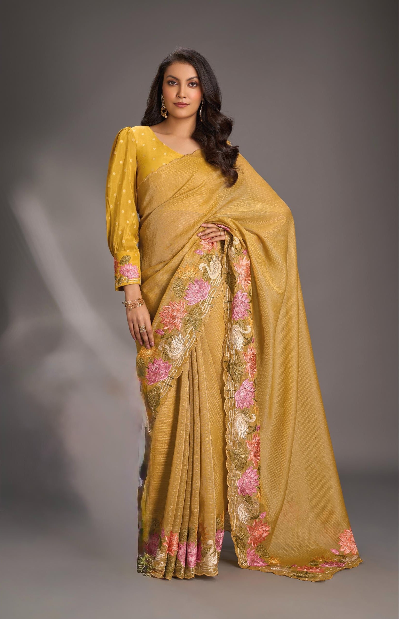 Mustard Yellow Vegan Viscose Tissue Stripes Saree with Meenakari Embroidery Scallop Border | Shobitam