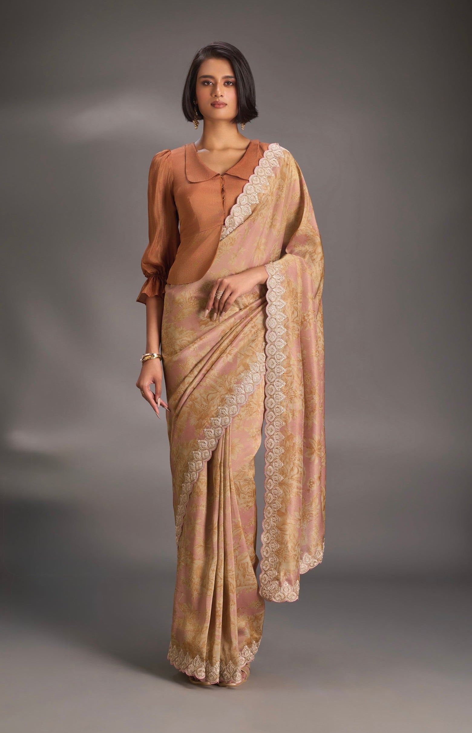 Dusty Rose Vegan Viscose Tissue Saree with Printed Toile Pattern and Cord Pitta Embroidery Scallop Border | SHOBITAM