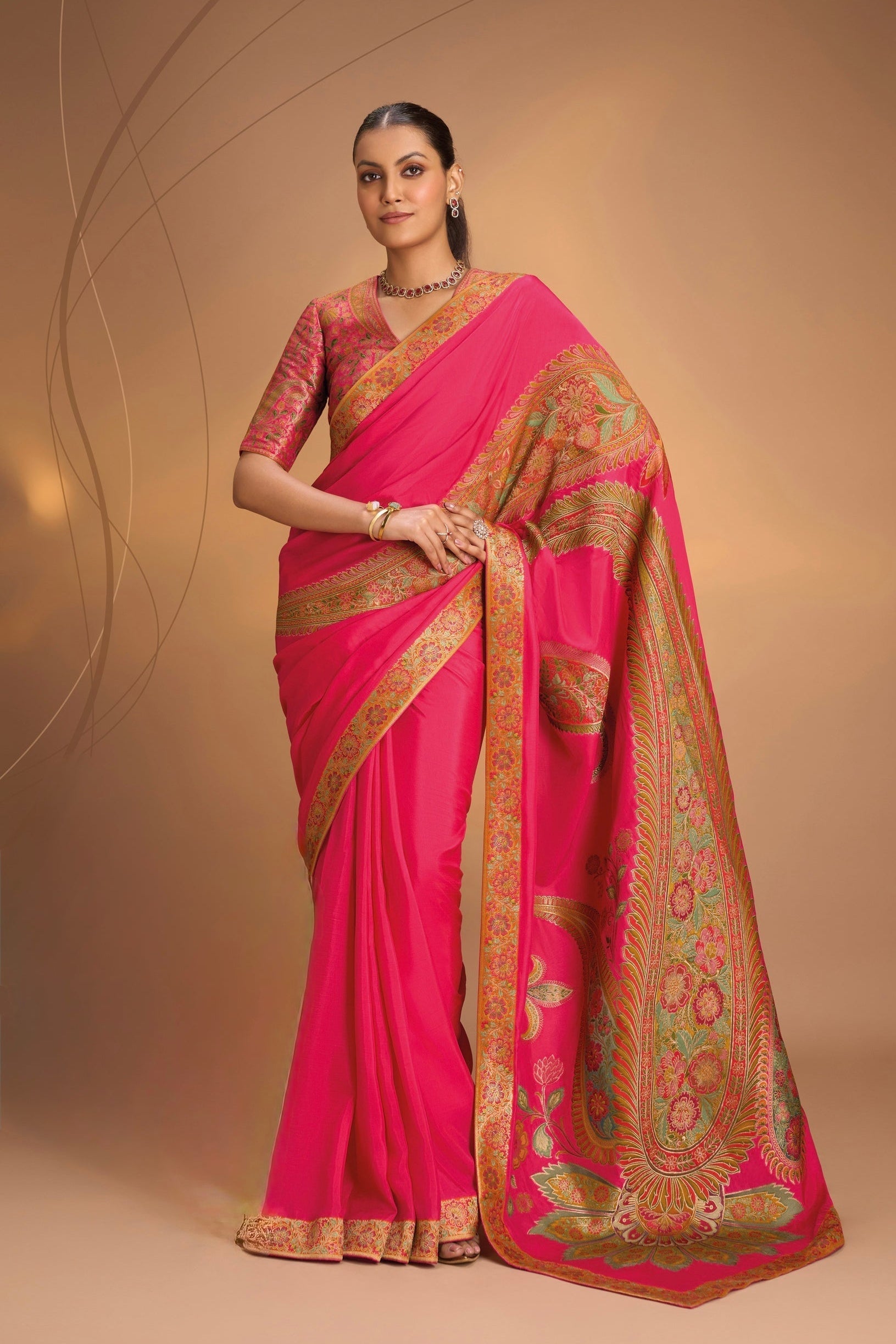 Vegan Soft Silk Saree with paisley motifs in Bright Pink and border