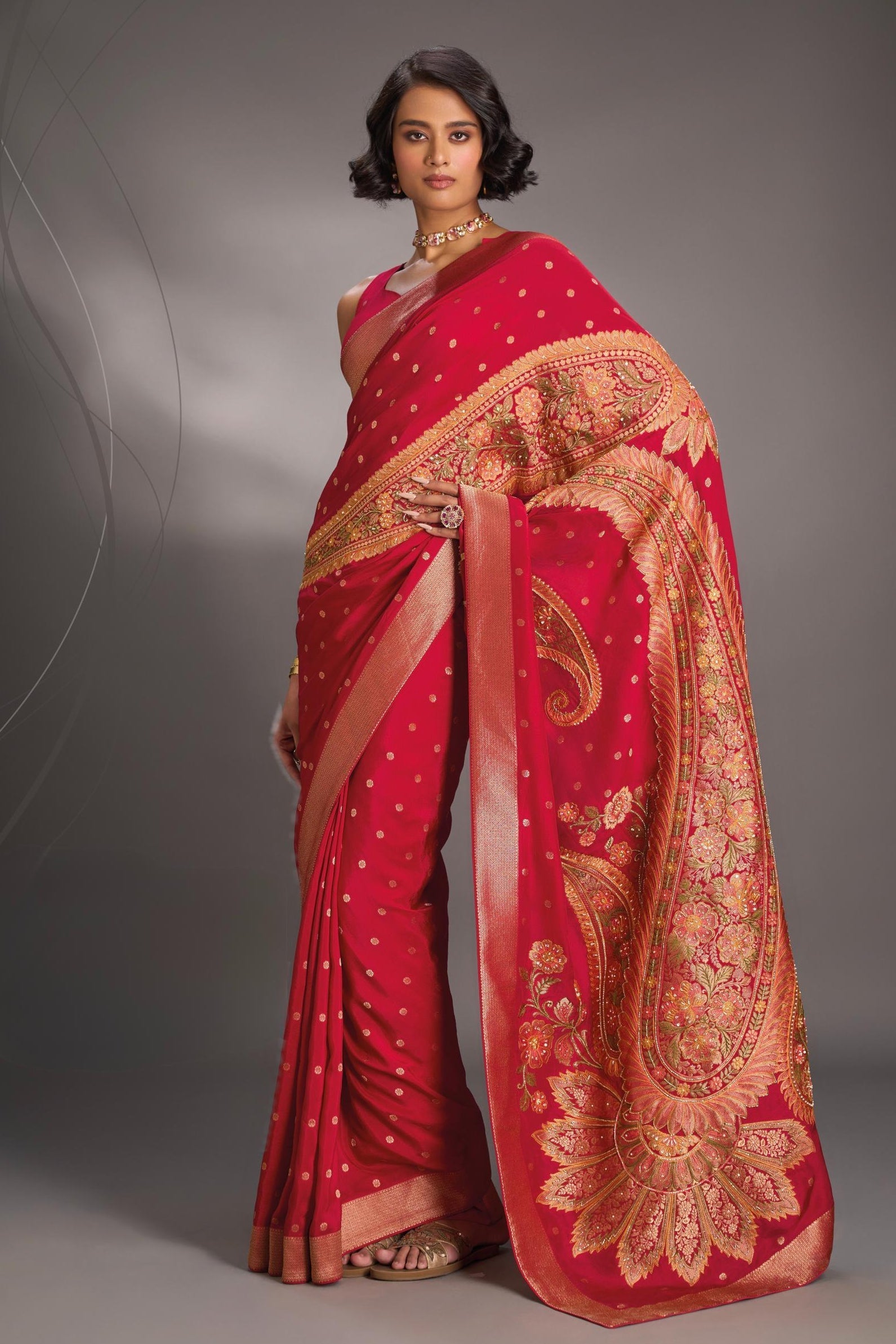 Rani Pink Vegan Soft Silk Saree with Paisley Motifs- Moti, Cutdana work and Zari Border | Shobitam