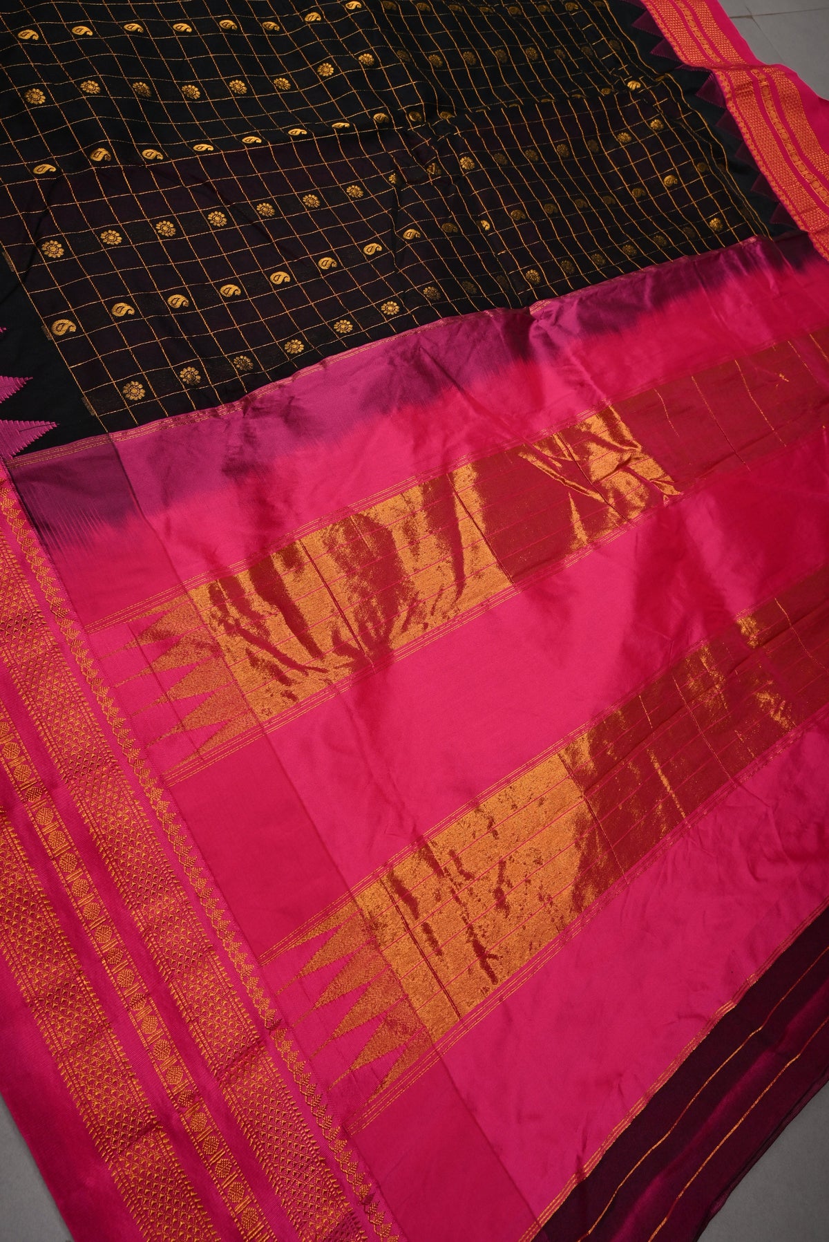 Black Checks & Buttas on Ilkal Weave Mercerized Cotton Bagalkote Saree with Contrast Zari Border | SHOBITAM