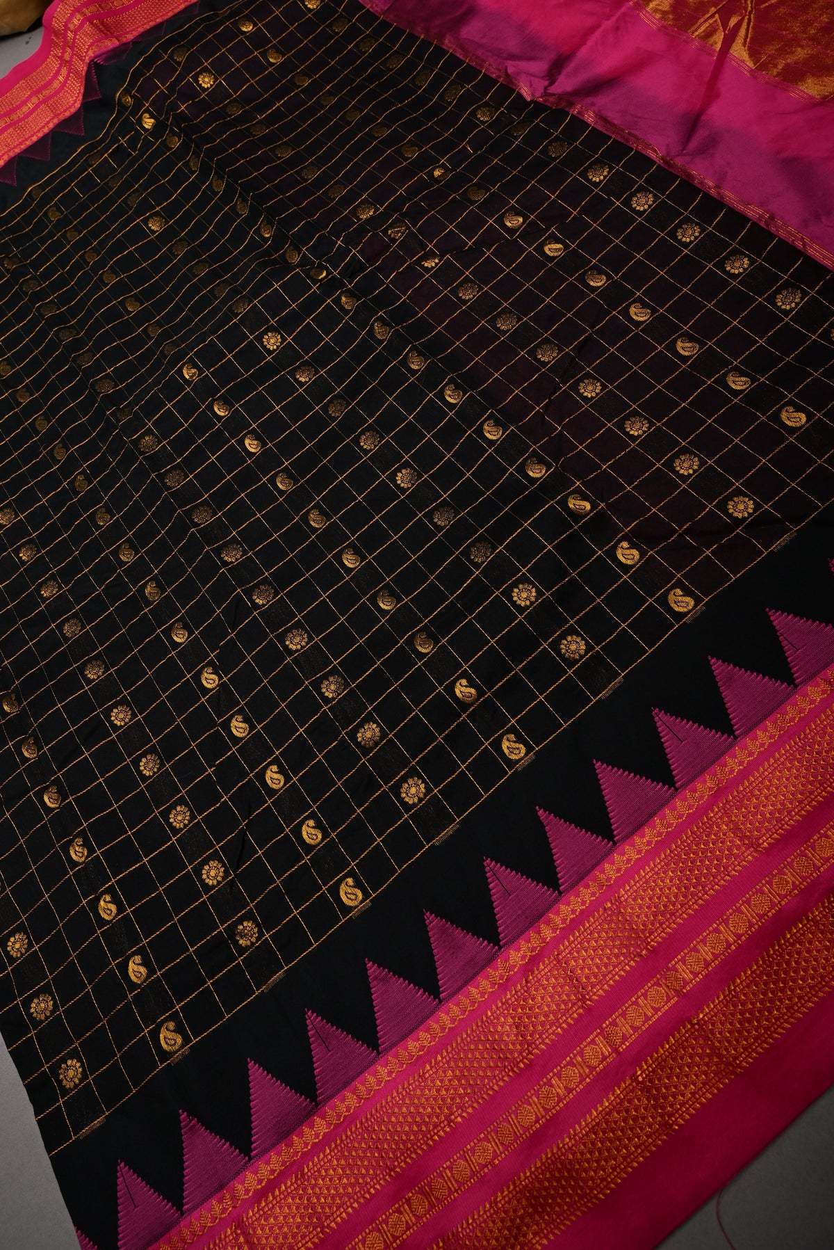 Black Checks & Buttas on Ilkal Weave Mercerized Cotton Bagalkote Saree with Contrast Zari Border | SHOBITAM