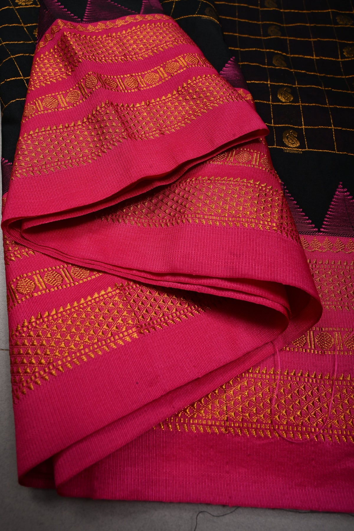 Black Checks & Buttas on Ilkal Weave Mercerized Cotton Bagalkote Saree with Contrast Zari Border | SHOBITAM