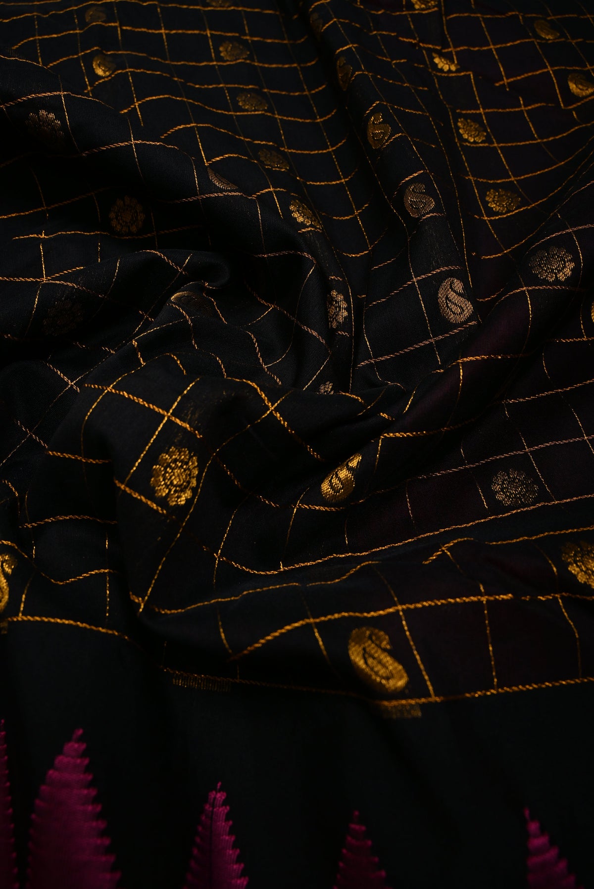 Black Checks & Buttas on Ilkal Weave Mercerized Cotton Bagalkote Saree with Contrast Zari Border | SHOBITAM