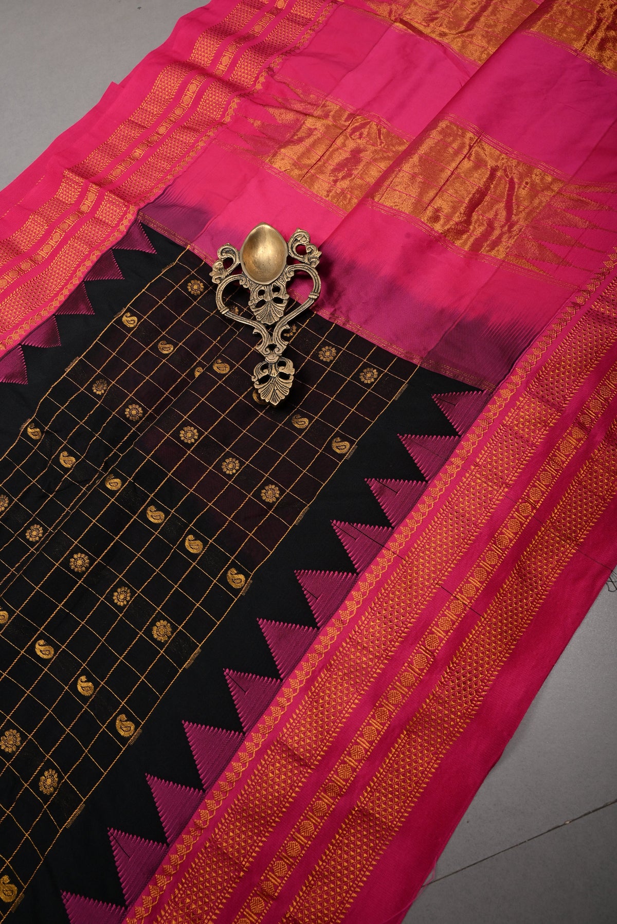 Black Checks & Buttas on Ilkal Weave Mercerized Cotton Bagalkote Saree with Contrast Zari Border | SHOBITAM