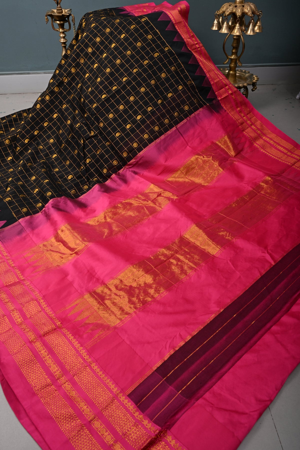 Black Checks & Buttas on Ilkal Weave Mercerized Cotton Bagalkote Saree with Contrast Zari Border | SHOBITAM