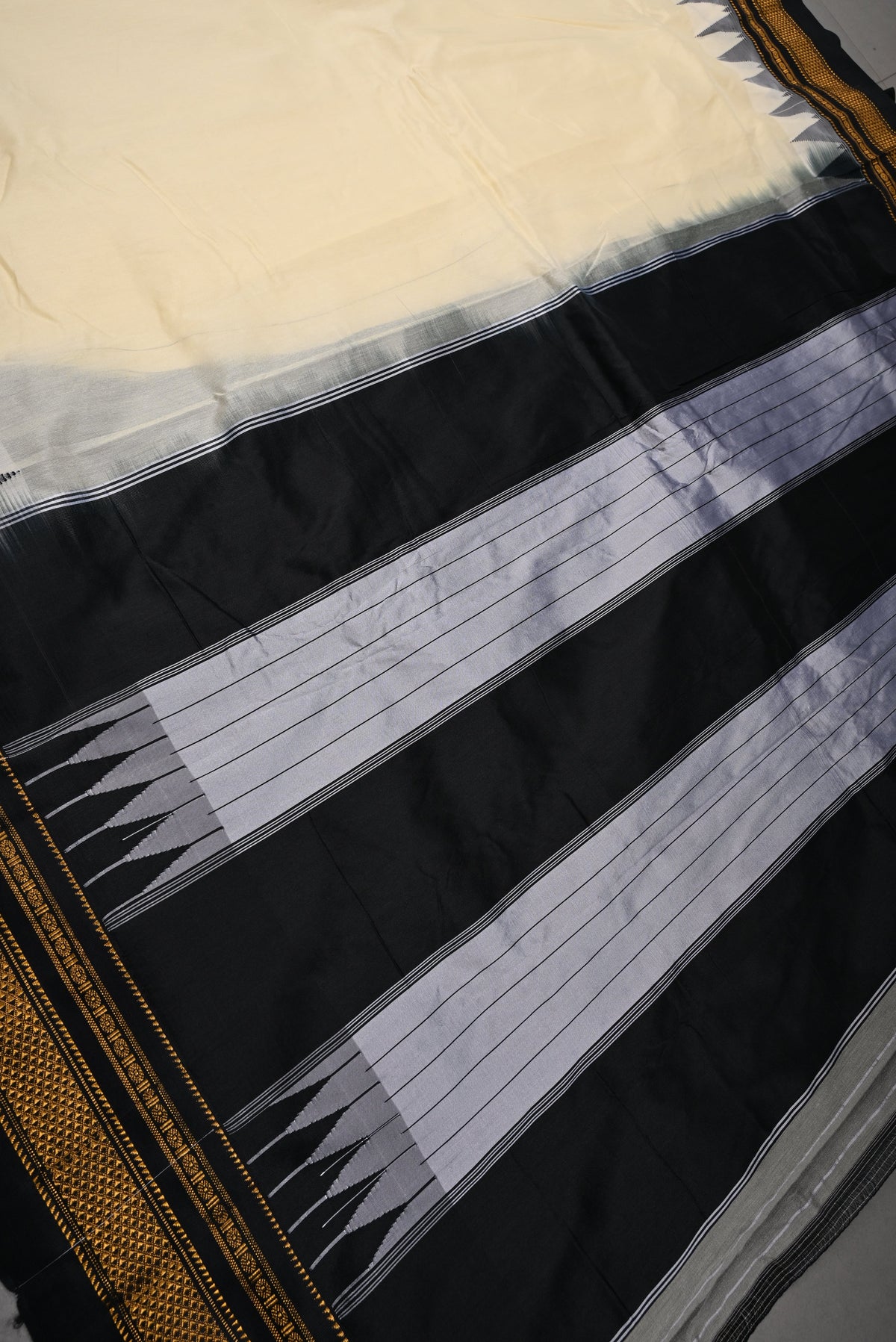 Cream Ilkal Weave Mercerized Cotton Bagalkote Saree with Temple Contrast Zari Border | SHOBITAM