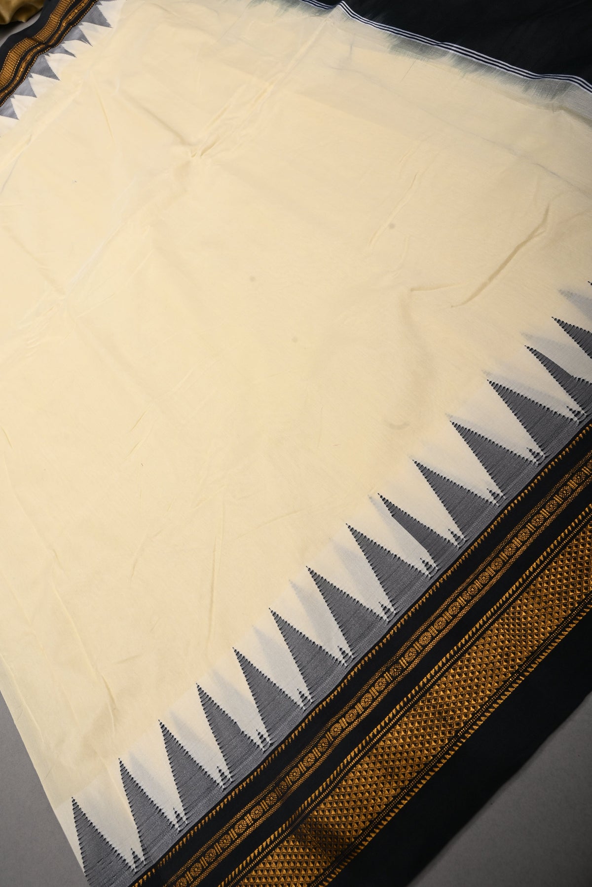 Cream Ilkal Weave Mercerized Cotton Bagalkote Saree with Temple Contrast Zari Border | SHOBITAM