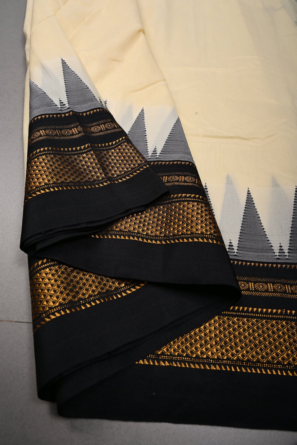 Cream Ilkal Weave Mercerized Cotton Bagalkote Saree with Temple Contrast Zari Border | SHOBITAM