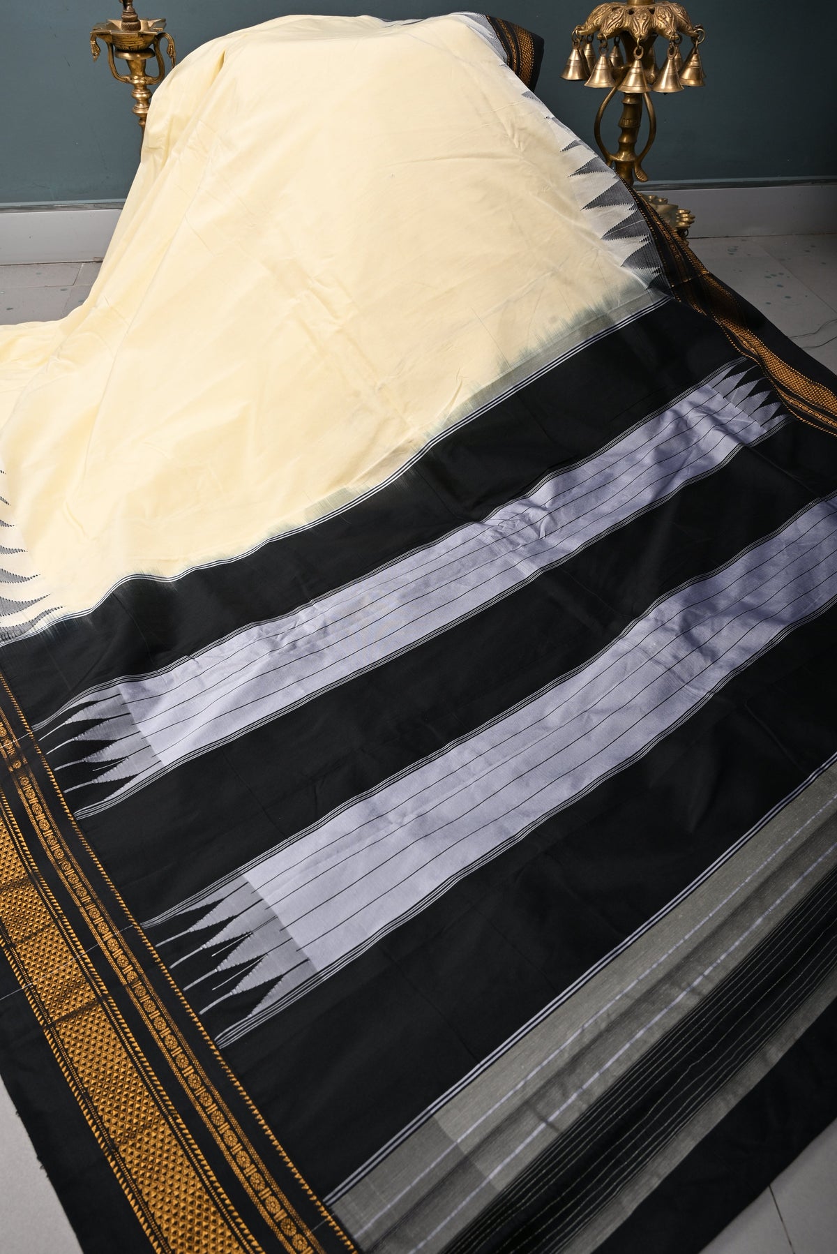 Cream Ilkal Weave Mercerized Cotton Bagalkote Saree with Temple Contrast Zari Border | SHOBITAM