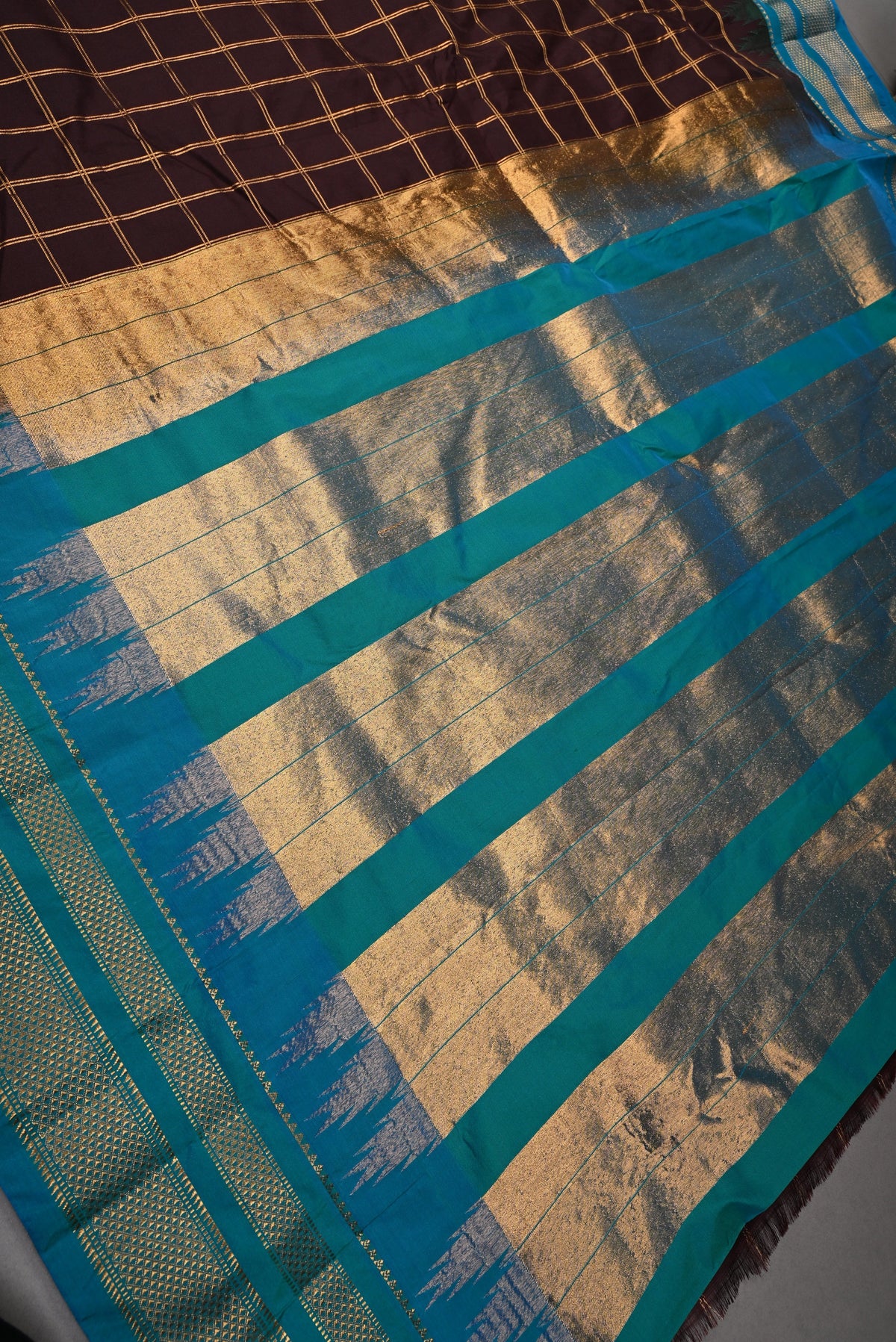 Coffee Brown Checks on Ilkal Weave Mercerized Cotton Bagalkote Saree with Contrast Zari Border | SHOBITAM