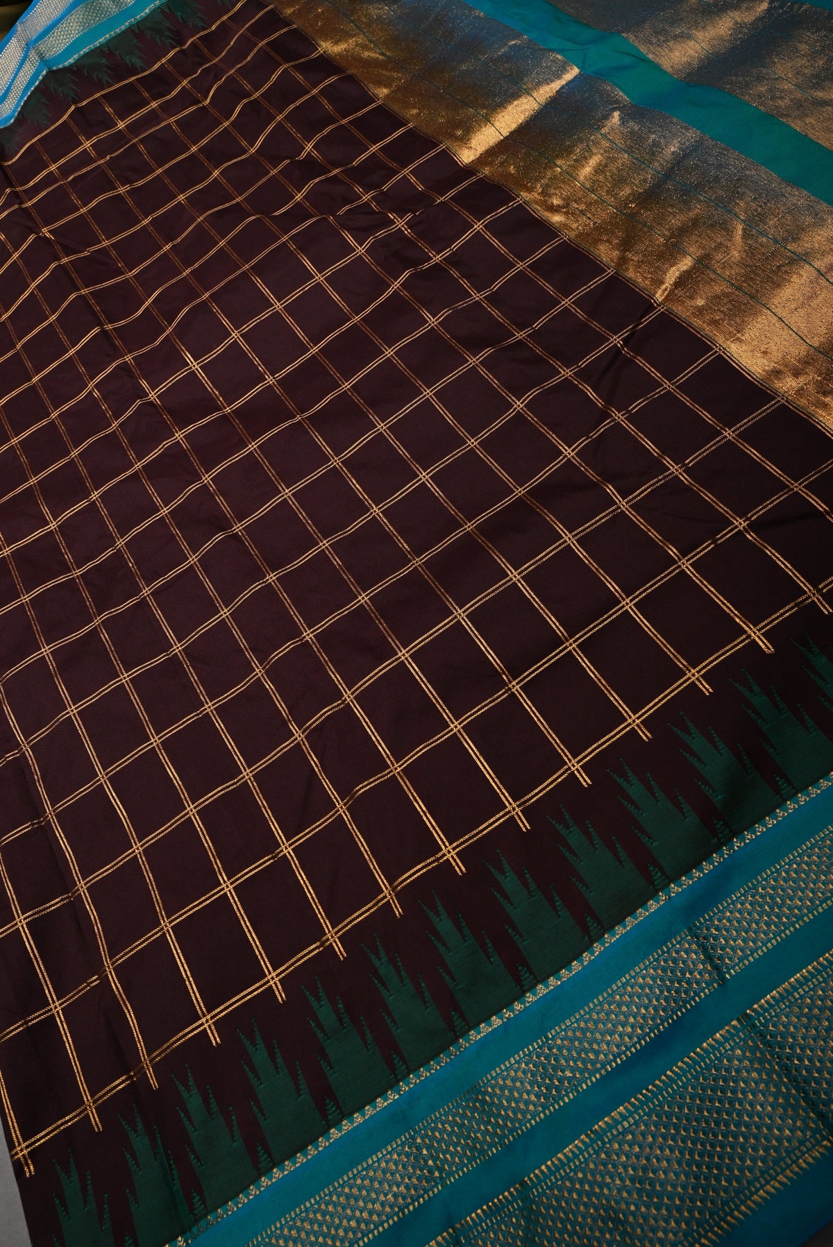 Coffee Brown Checks on Ilkal Weave Mercerized Cotton Bagalkote Saree with Contrast Zari Border | SHOBITAM