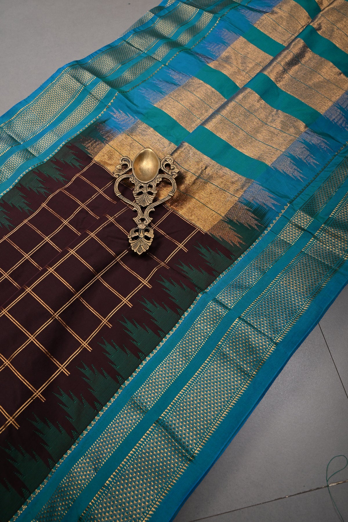 Coffee Brown Checks on Ilkal Weave Mercerized Cotton Bagalkote Saree with Contrast Zari Border | SHOBITAM