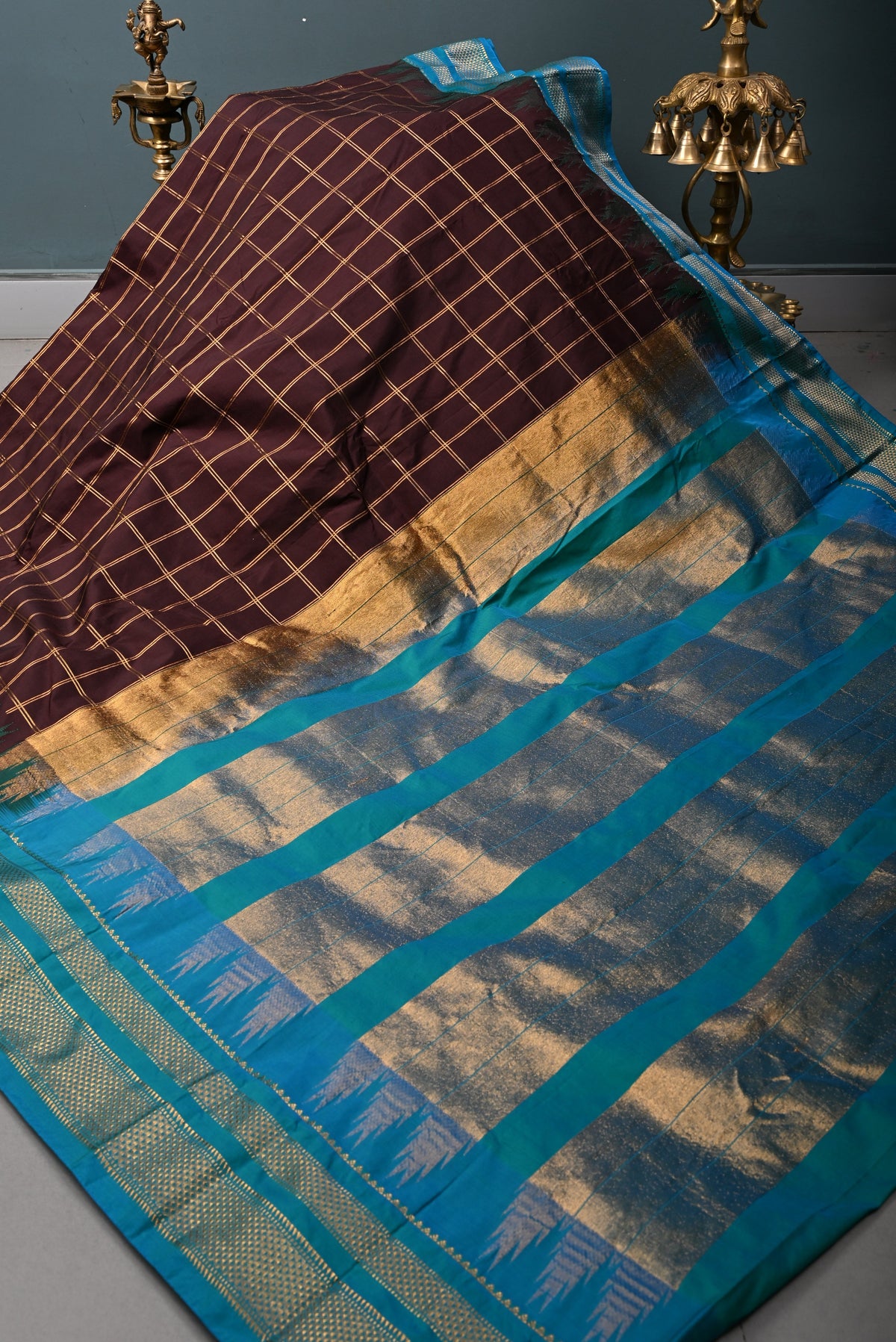 Coffee Brown Checks on Ilkal Weave Mercerized Cotton Bagalkote Saree with Contrast Zari Border | SHOBITAM