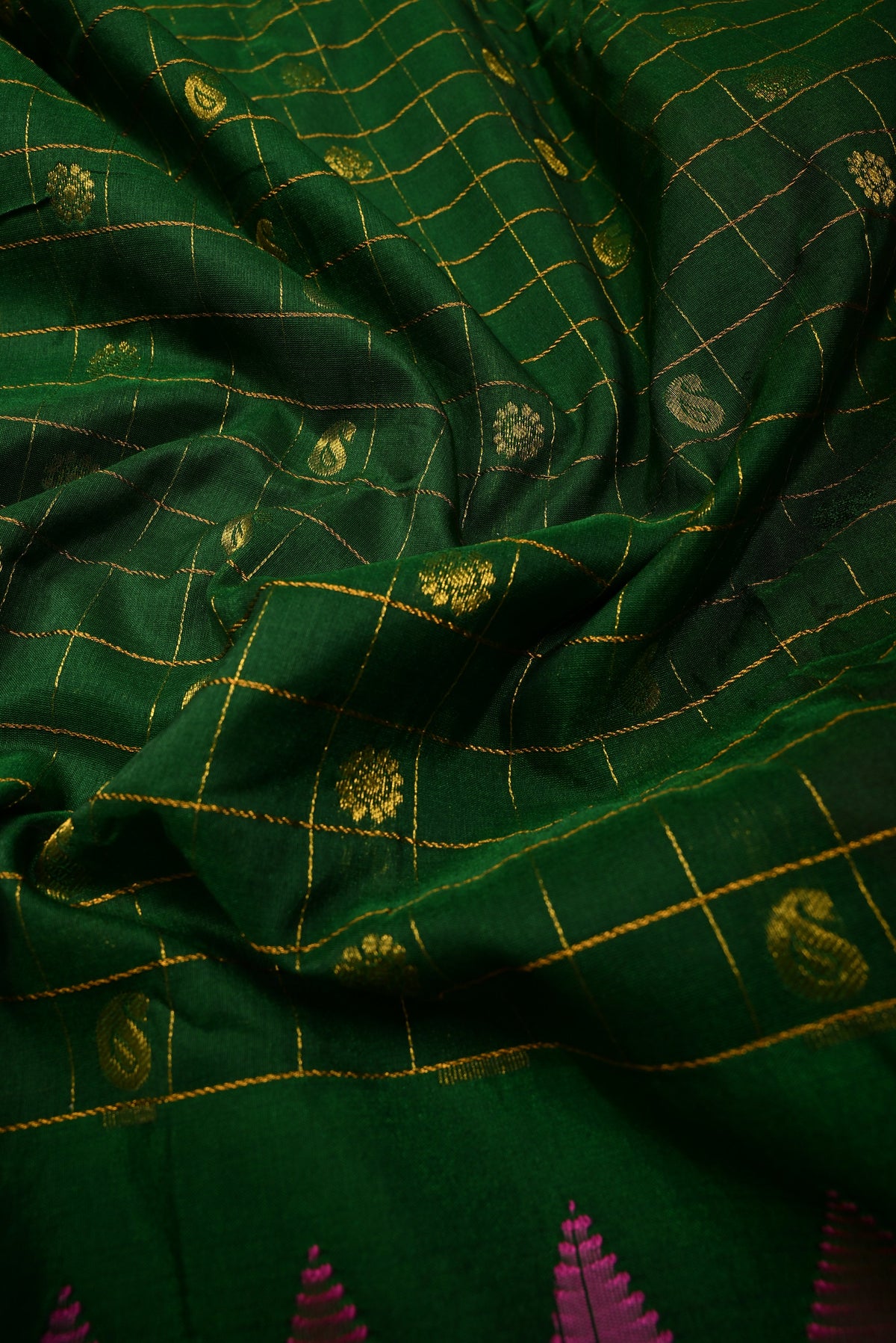 Green Checks & Buttas on Ilkal Weave Mercerized Cotton Bagalkote Saree with Contrast Zari Border | SHOBITAM