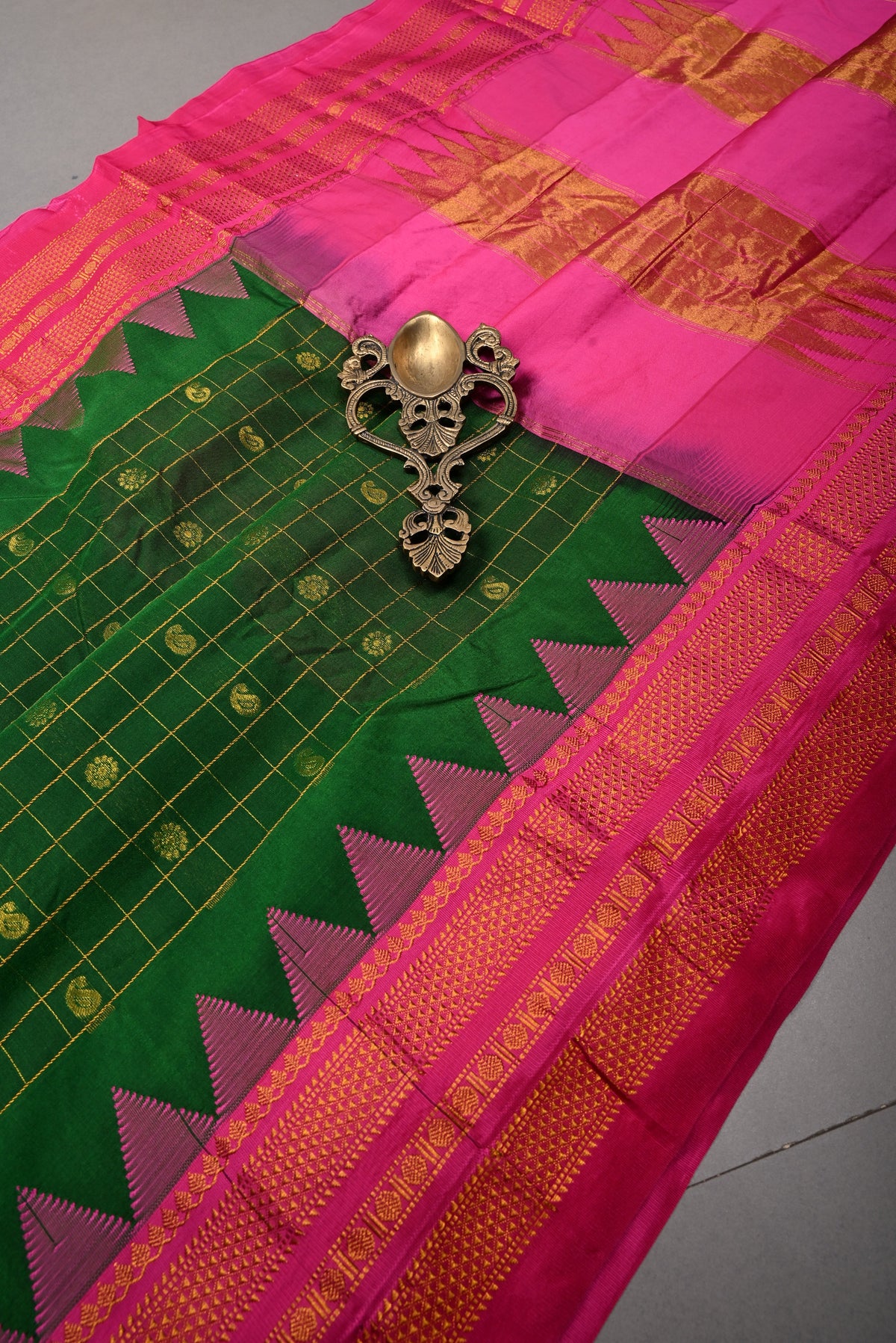 Green Checks & Buttas on Ilkal Weave Mercerized Cotton Bagalkote Saree with Contrast Zari Border | SHOBITAM