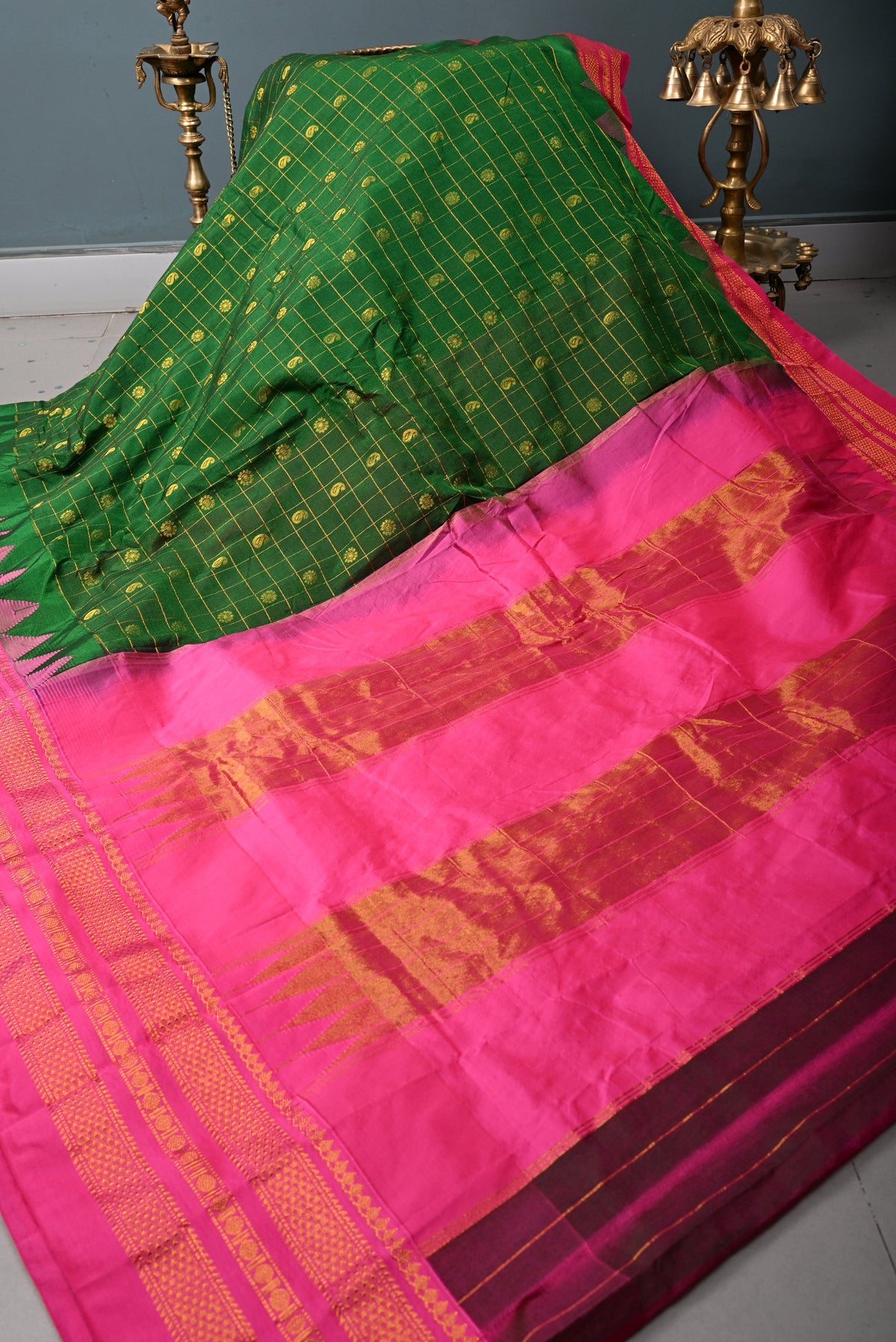 Green Checks & Buttas on Ilkal Weave Mercerized Cotton Bagalkote Saree with Contrast Zari Border | SHOBITAM