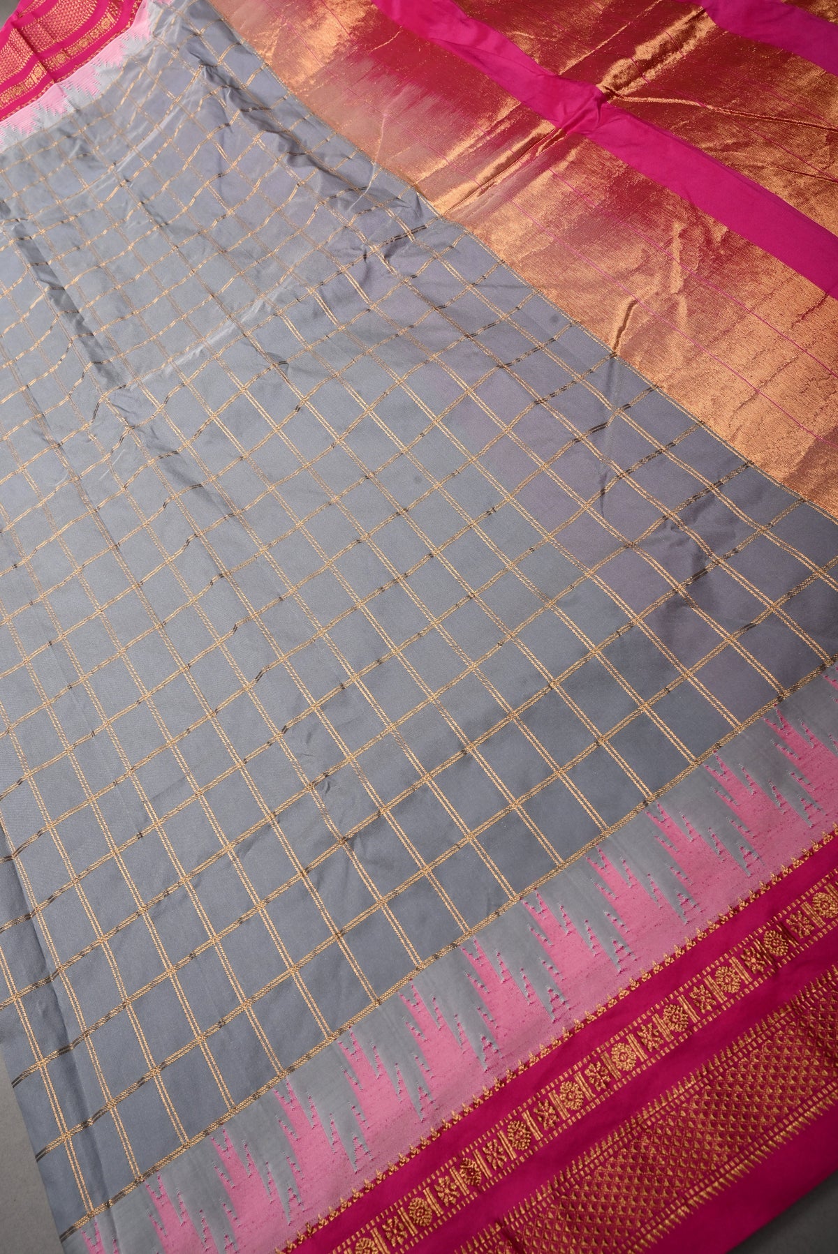 Gray Checks on Ilkal Weave Mercerized Cotton Bagalkote Saree with Contrast Zari Border | SHOBITAM