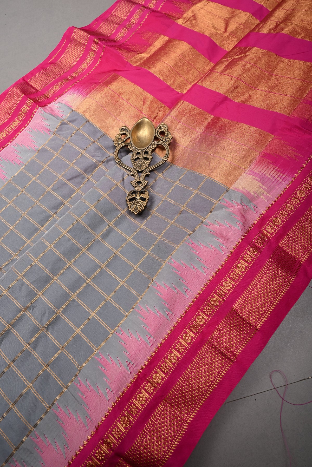 Gray Checks on Ilkal Weave Mercerized Cotton Bagalkote Saree with Contrast Zari Border | SHOBITAM