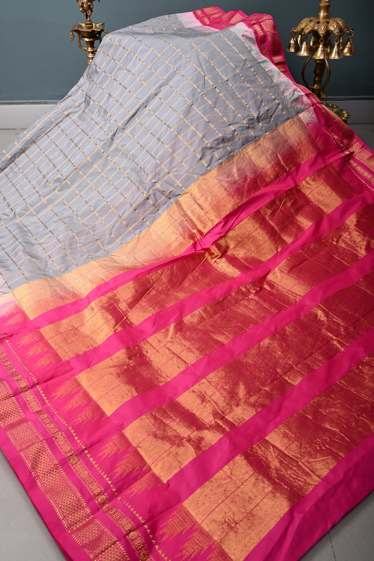 Gray Checks on Ilkal Weave Mercerized Cotton Bagalkote Saree with Contrast Zari Border | SHOBITAM