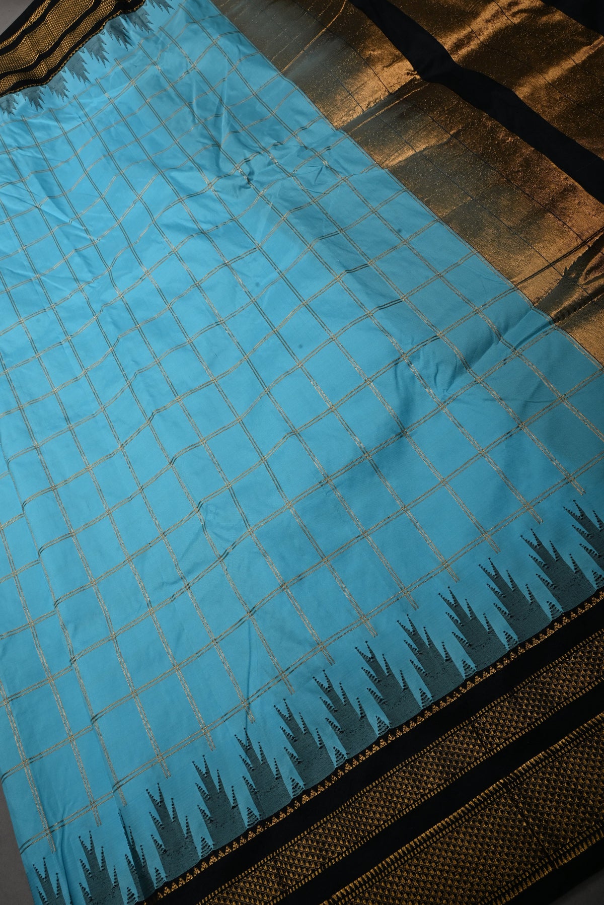 Sky Blue Checks on Ilkal Weave Mercerized Cotton Bagalkote Saree with Contrast Zari Border | SHOBITAM