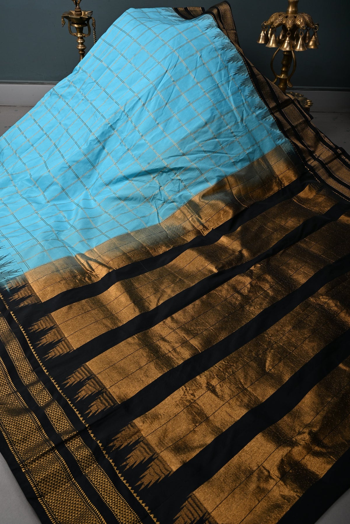 Sky Blue Checks on Ilkal Weave Mercerized Cotton Bagalkote Saree with Contrast Zari Border | SHOBITAM