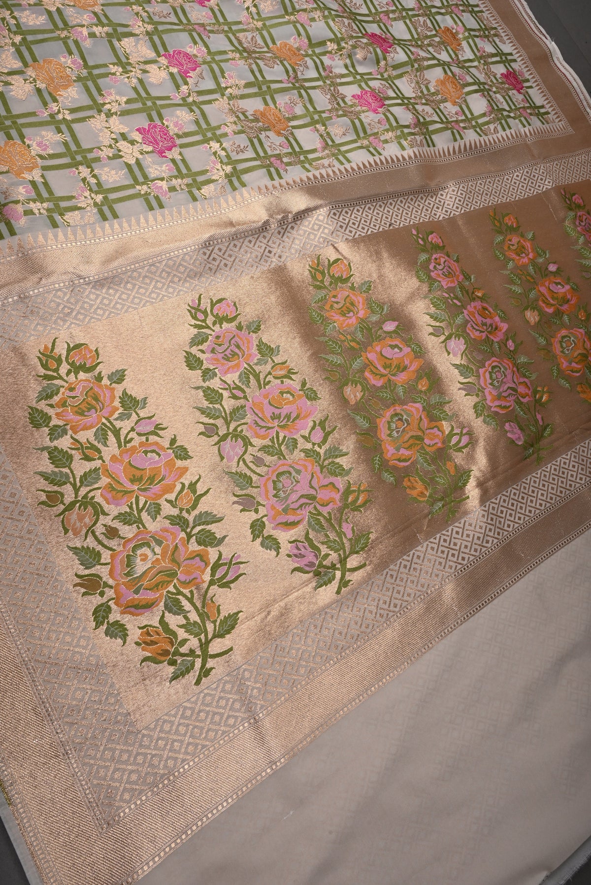 Off-White Semi Silk Saree with Checks-Meenakari Floral Jaal and Zari Border | SHOBITAM