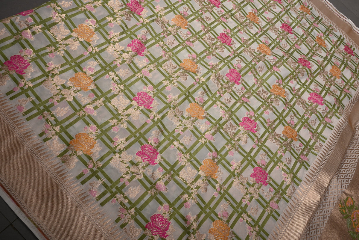 Off-White Semi Silk Saree with Checks-Meenakari Floral Jaal and Zari Border | SHOBITAM