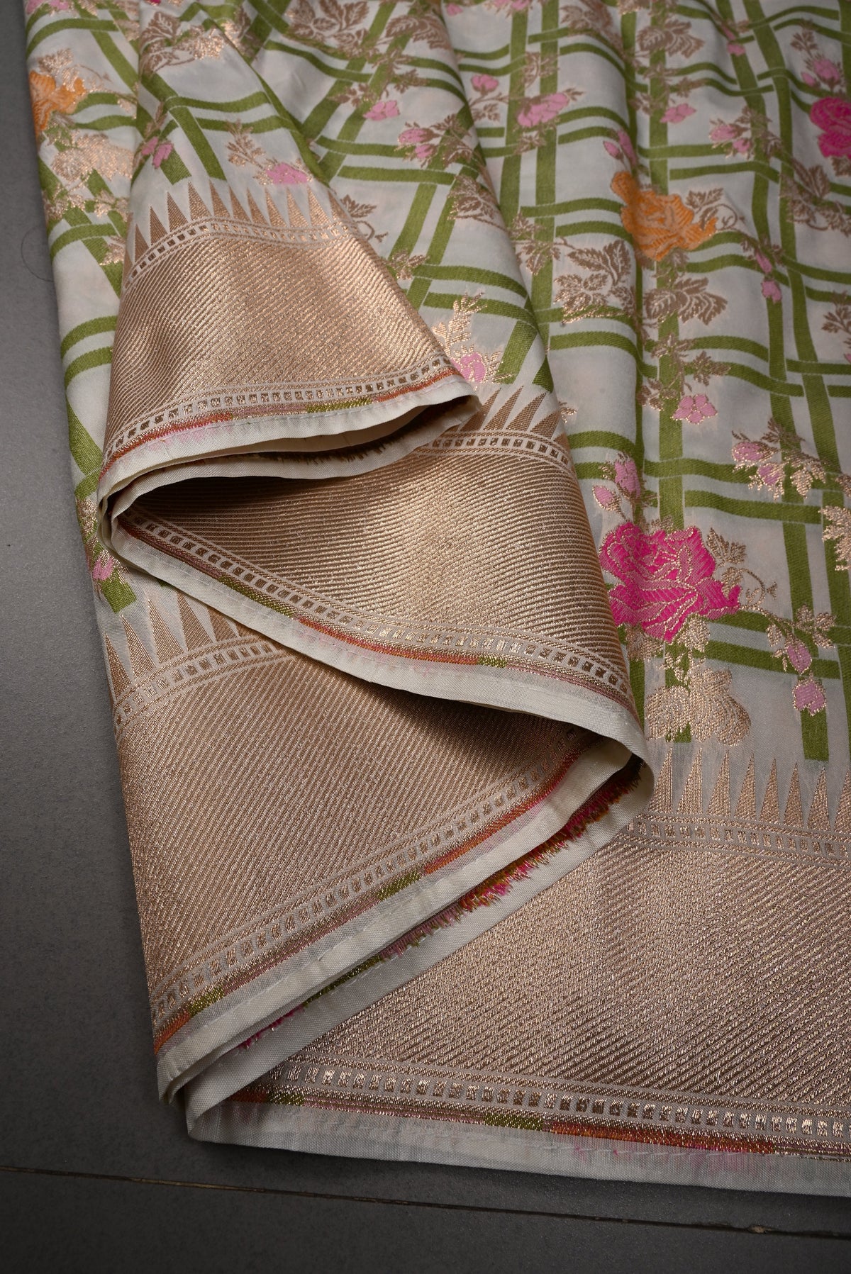 Off-White Semi Silk Saree with Checks-Meenakari Floral Jaal and Zari Border | SHOBITAM