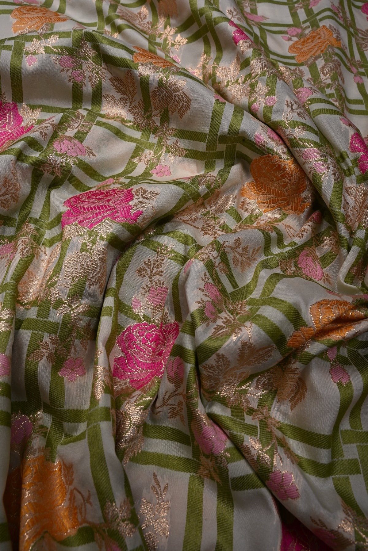 Off-White Semi Silk Saree with Checks-Meenakari Floral Jaal and Zari Border | SHOBITAM