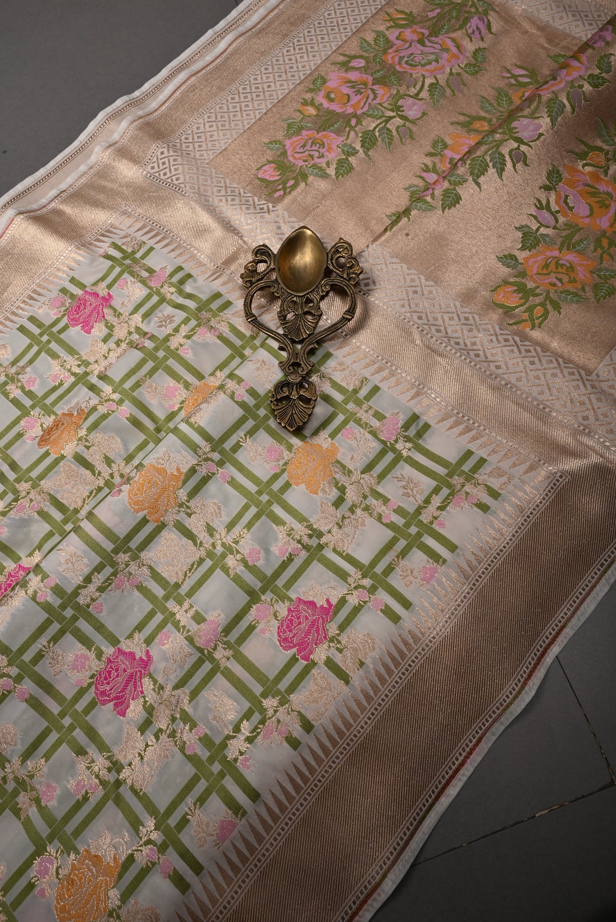 Off-White Semi Silk Saree with Checks-Meenakari Floral Jaal and Zari Border | SHOBITAM