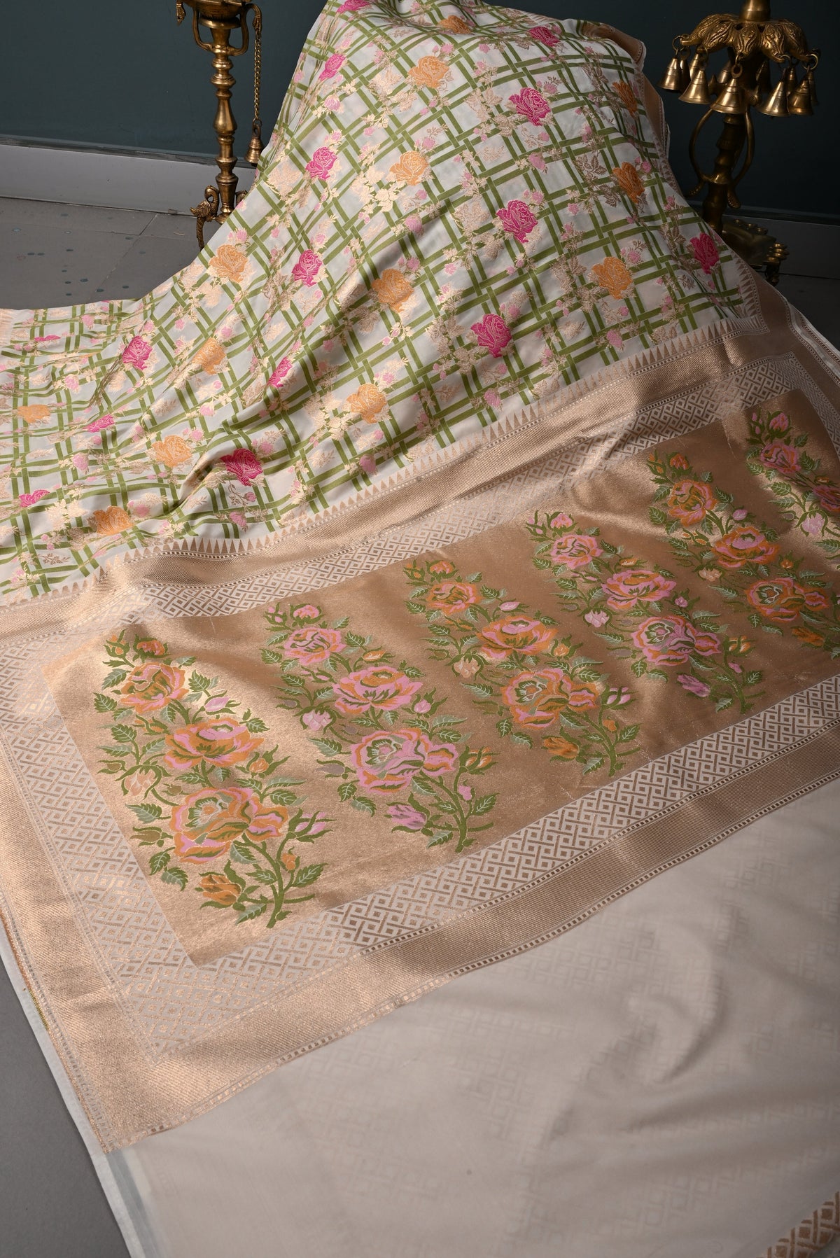 Off-White Semi Silk Saree with Checks-Meenakari Floral Jaal and Zari Border | SHOBITAM