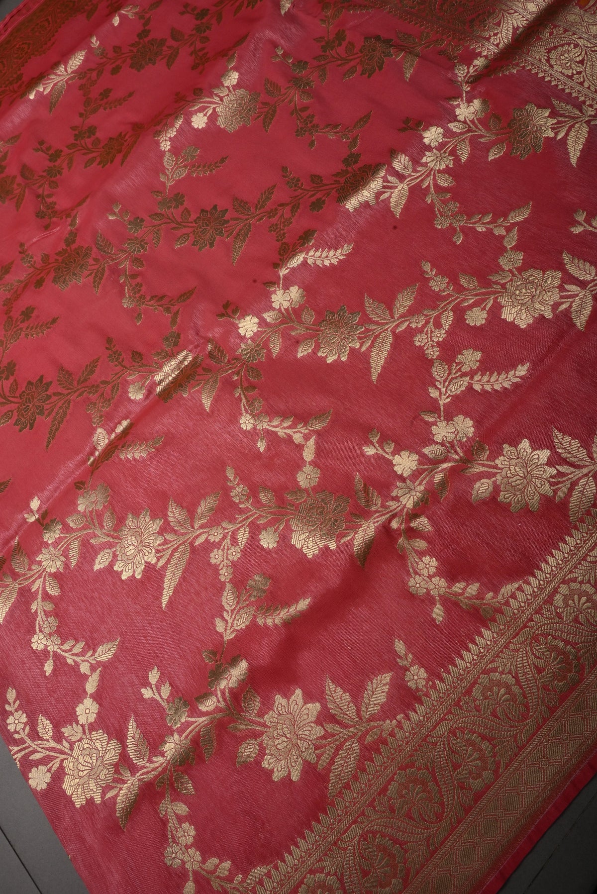 Coral Pink Tissue Semi Silk Saree with Floral Jaal and Zari Border | SHOBITAM