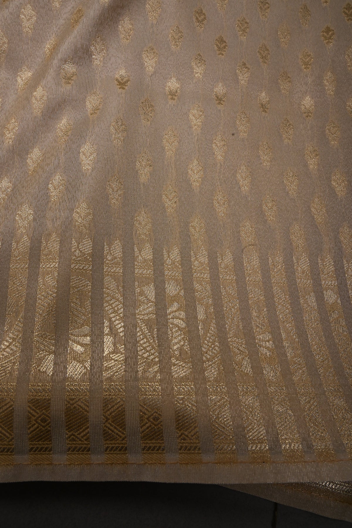 Taupe Tissue Semi Silk Saree with Floral Jaal and Zari Border | SHOBITAM