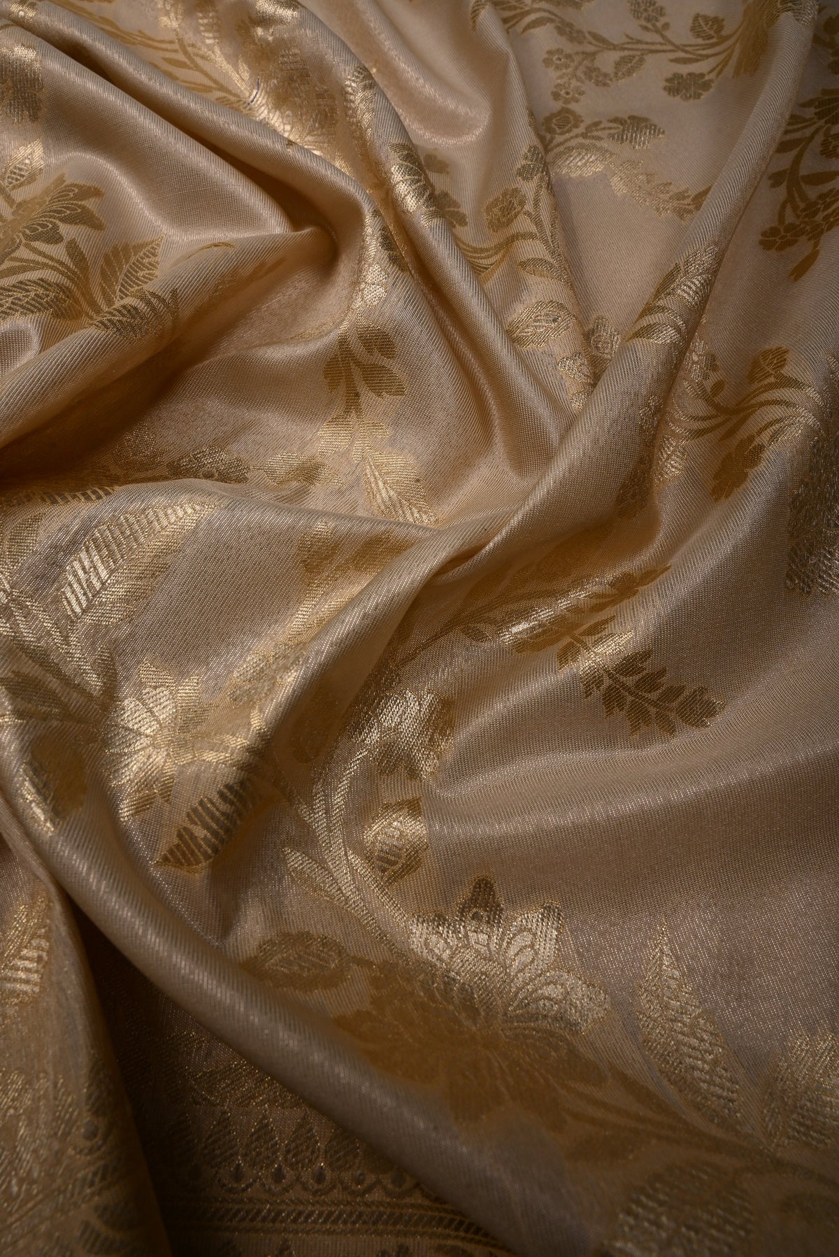 Taupe Tissue Semi Silk Saree with Floral Jaal and Zari Border | SHOBITAM