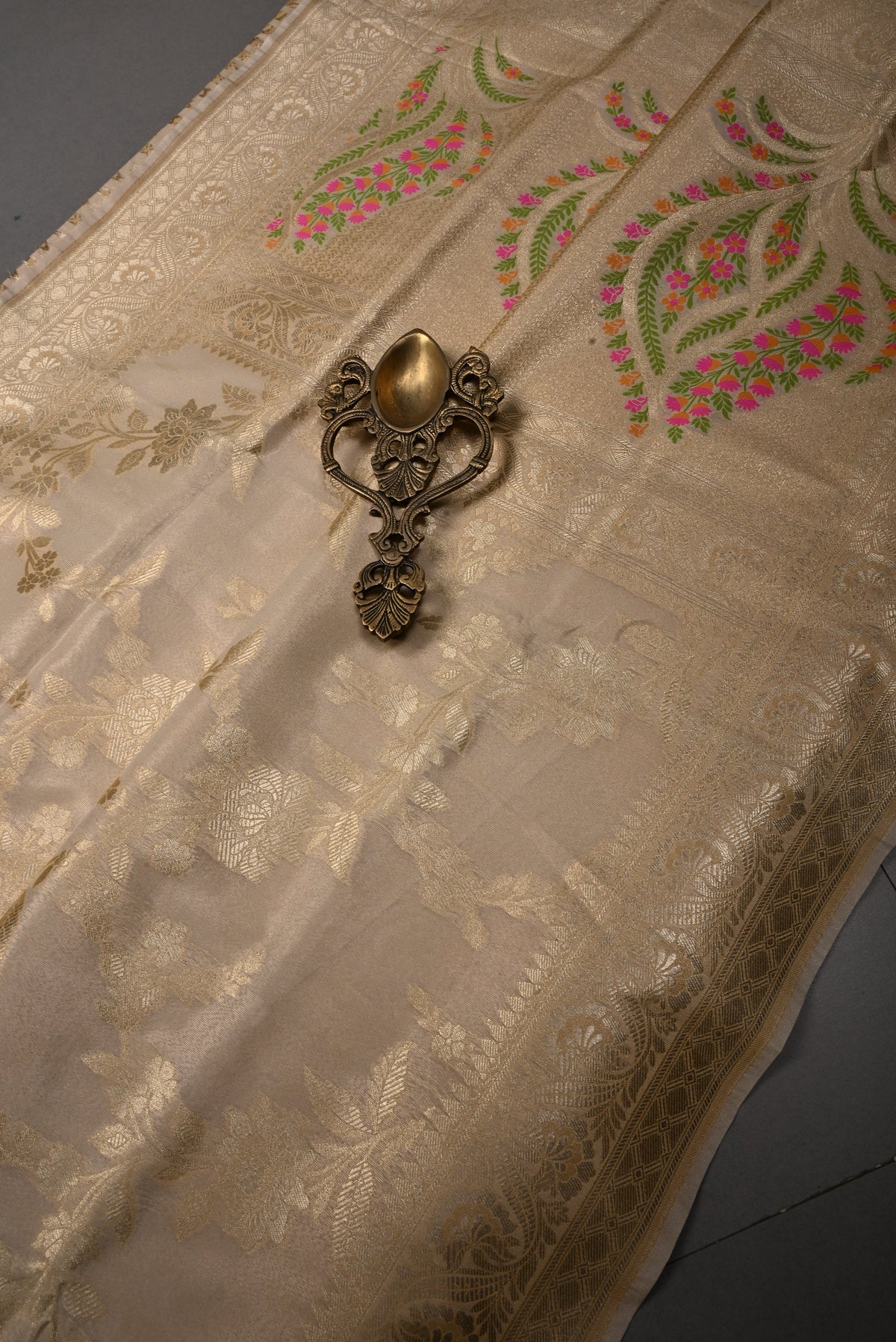 Taupe Tissue Semi Silk Saree with Floral Jaal and Zari Border | SHOBITAM