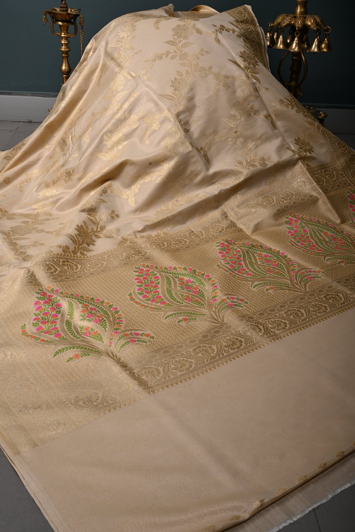 Taupe Tissue Semi Silk Saree with Floral Jaal and Zari Border | SHOBITAM